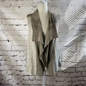 Jakett New York Vest‎ Womens Sz Large Open Front Linen Leather Beige Modern
